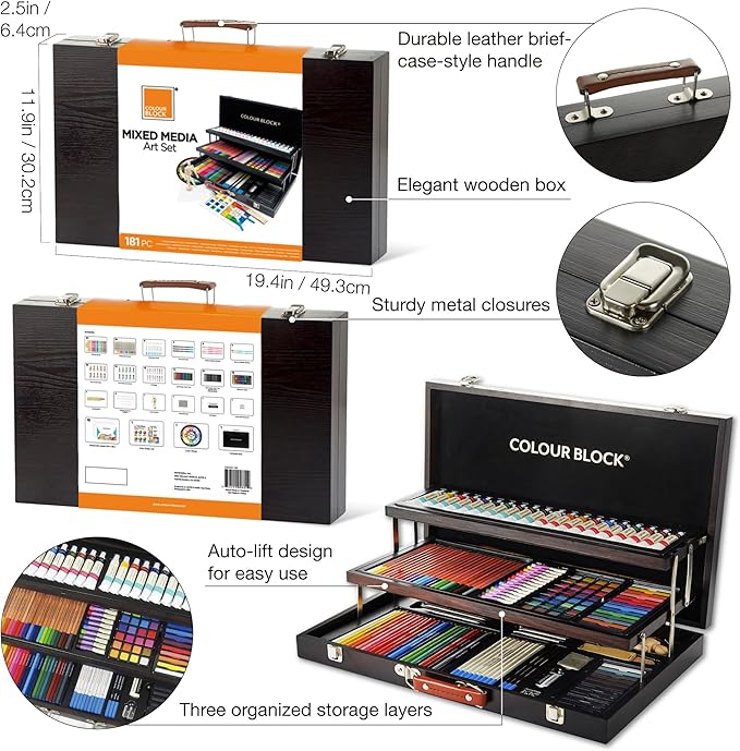 COLOUR BLOCK 181-Piece Mixed Media Art Set in Wooden Case for Drawing Sketching Painting, Soft Oil Pastels, Acrylic Watercolor Paints, Pencils, Art Supplies Kit for Artists, Professional, Adults, Beginner