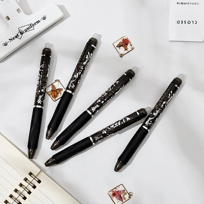 6 Pcs Retractable Erasable Pens, Colored Gel Black Ink Pens Clicker with Erasers, 0.5mm Fine Point Smooth Writing Pen for Journaling Note-Taking Crossword Puzzles Supplies (Black)