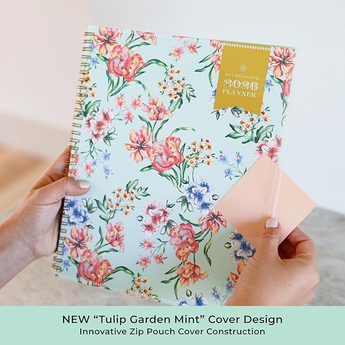 Blue Sky Day Designer 2026 Weekly and Monthly Planner Calendar, January 2026 - December 2026, 8.5" x 11", Flexible Cover With Zip Pouch, Durable Twin Wire Binding, Storage Pocket, Includes Stickers, Tulip Garden Mint