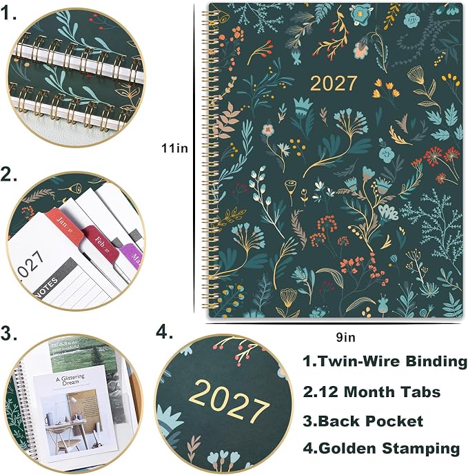 2027 Planner - 2027 Monthly Planner, Jan. 2027 - Dec. 2027, 9" x 11", 2027 Calendar Planner,12 Month with Colourful Tabs & Pocket, Flexible Cover, Twin-Wire Binding, Thick Paper - Leaves