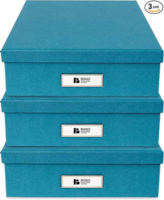 Bigso Oskar Fiberboard Label Frame Document Letter Box - File Organizer Box for Important Paperwork - Document Storage with a Lid & Label Window - 3.3 in x 10.2 in x 13.8 in - 3 Pack - Turquoise