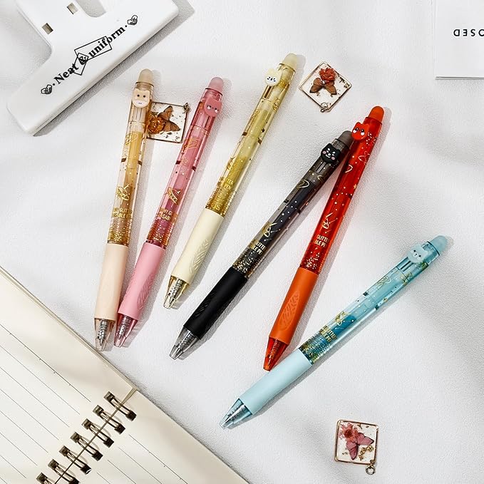 6 Colors Cute Glitter Erasable Pens, 0.5mm Fine Point Colored Retractable Gel Pens, Smooth Writing Ink Pen Marker Make Mistakes Disappear for Coloring Note-Taking Supplies