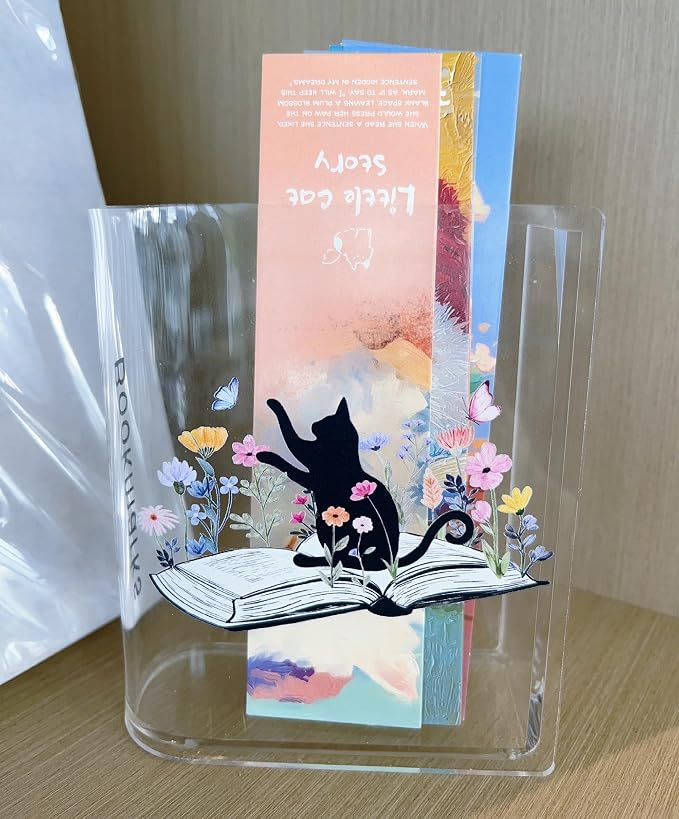 Bookmarks Holders Bookshelf Bookcase Decor, Home Office Desk Organizer, Book Marks Pen Pencil Holder, Friends Book Lover Gifts (Cat)