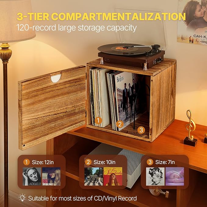DGWJSU Vinyl Record Storage, Record Storage Box Holds 120 Records, Wooden Vinyl Holder Display Window(7″/10″/12″), Vinyl Storage For Music Corners, Display Collections, Home Theaters, Living Rooms