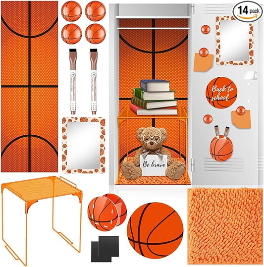 Demonwer 14 Pcs Locker Accessories Kit Basketball Themed Locker Organizer Magnetic Whiteboard Mirror Pen Holder Basketball Stickers for Back to School Essentials Locker Decorations