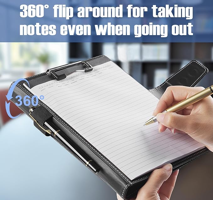 Padfolio Notepad Holder with Clipboard,A5 Faux Leather Padfolio Folder for Interview Resume,Magnetic Closure Legal Pad Folder with Business Holder,2 Pens & 5x8 Writing Pad for Office,Black