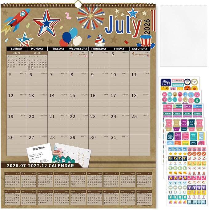 Ospelelf Wall Calendar 2026-2027 with Storage Pockets 17" X 22" Monthly Large Planner Pad Includes Stickers for Family Fridge Office Teacher School Use July 2026 to December 2027 Kraft Season