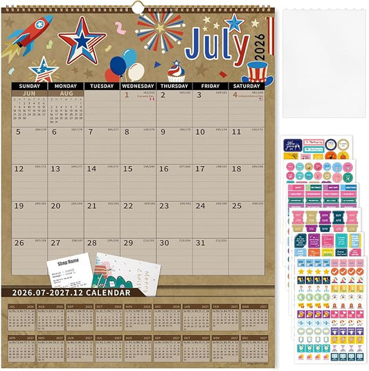 Ospelelf Wall Calendar 2026-2027 with Storage Pockets 17" X 22" Monthly Large Planner Pad Includes Stickers for Family Fridge Office Teacher School Use July 2026 to December 2027 Kraft Season
