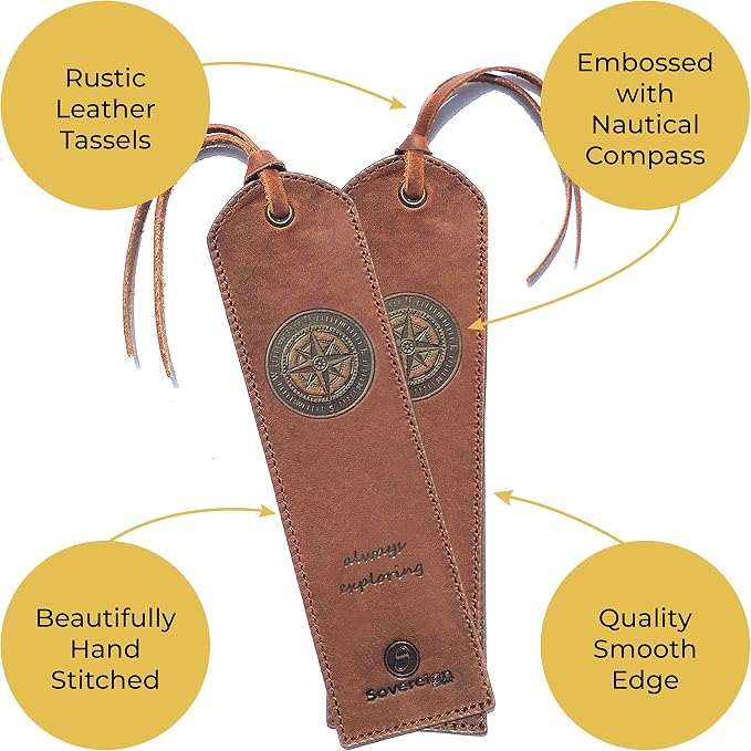 Sovereign-Gear Leather Bookmarks for Men and Women | Quality Bookmark with Nautical Compass | 2 Smooth Handmade Leather Book Markers for Book Lovers (7x2) Gift