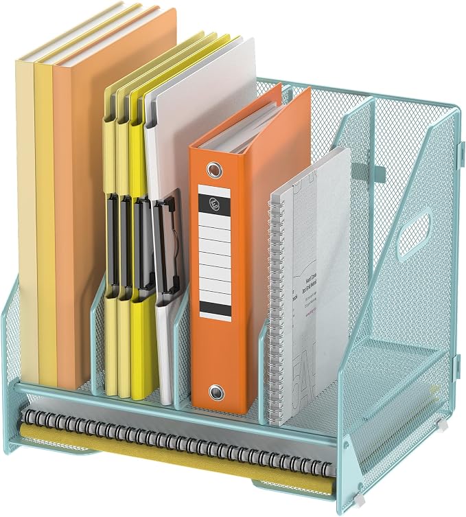 Docnest Desk File Holder Sorter, 4 Vertical Compartments Rack with Letter Tray, Mesh Magazine File Holder with Handle,Workspace Organizers,Desk Organizers for Paper, Mail, Documents-Blue