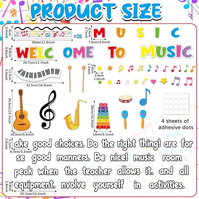 Music Classroom Bulletin Board Set Colorful Back to School Classroom Decoration Welcome to Music Bulletin Board Motivational Musical Note Paper Cutout for School Office Home Wall Door Decor Supplies