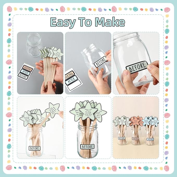Eaasty 33 Pcs Classroom Management Supplies Bottle with Sticker Reading Comprehension Question Card Bulk Classroom Reading Tool Elementary Kindergarten Decoration Before During After Teacher Essential