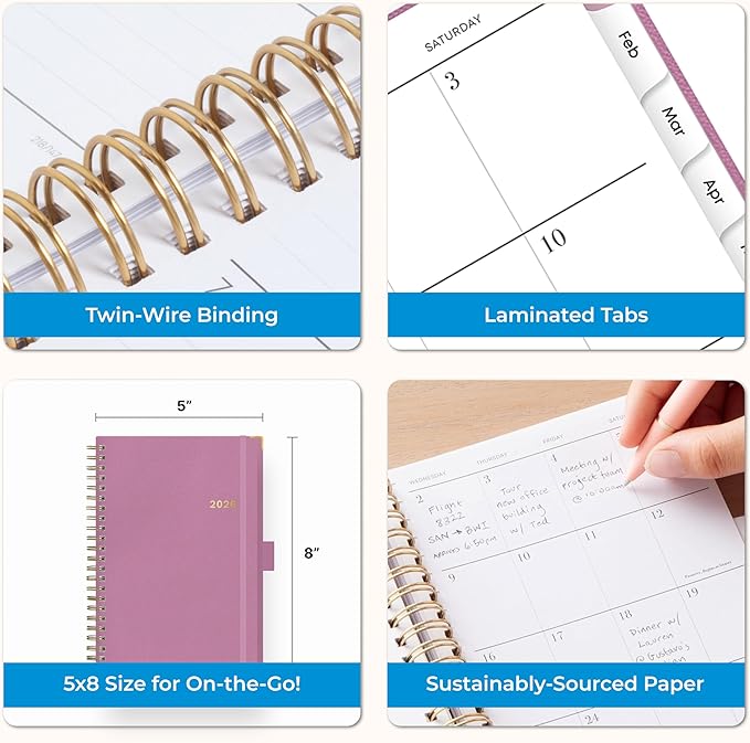 Blue Sky 2026 Weekly and Monthly Planner Calendar, January 2026 - December 2026, 5" x 8", Faux Leather Cover, Durable Twin Wire Binding, Storage Pocket, Laminated Tabs, Includes Pen Loop, Bungee, Ruler, Imperial Rose