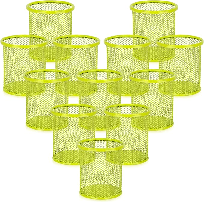 Segarty Pen Holer, 12 Pack Round Light Green Pencils Holder for Desk, Metal Mesh Pen Cup Container Marker Organizer Set for Office Supply, School, Home, Desktop Storage and Organization