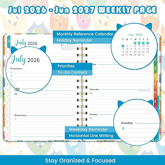 Planner 2026-2027 - 2026-2027 Planner Weekly and Monthly, Jul.2026 - Jun.2027, 12 Month Planner Weekly & Monthly with Colourful Tabs, 6.4" x 8.5", Hardcover + Back Pocket - Cat