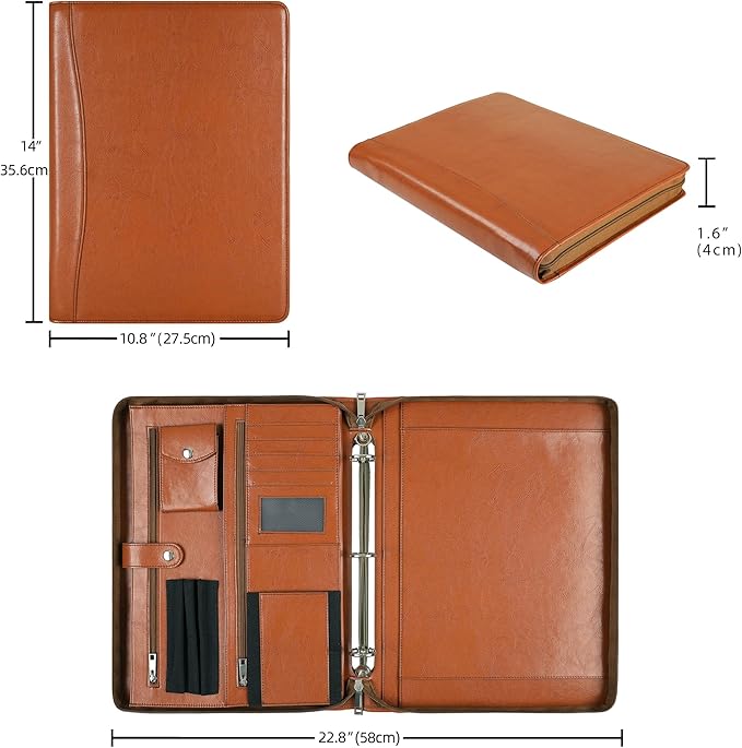 Brown Leather Padfolio for Women/Men, Business Leather Binder 3 Ring Portfolio, Personalized Leather Portfolio Binder, Zippered Portfolio Organizer for A4 Notepad & 13-inch Laptop/Tablet