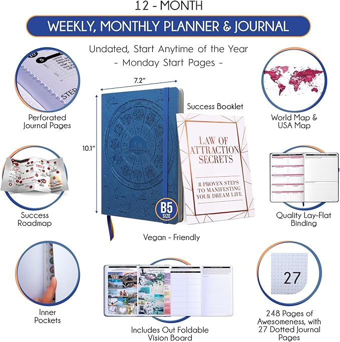 Deluxe Weekly and Monthly Planner | Law of Attraction Planner with Productivity App | 12-Month for Productivity, Gratitude & Goal Setting | Includes Foldable Vision Board, Gift Box & Stickers
