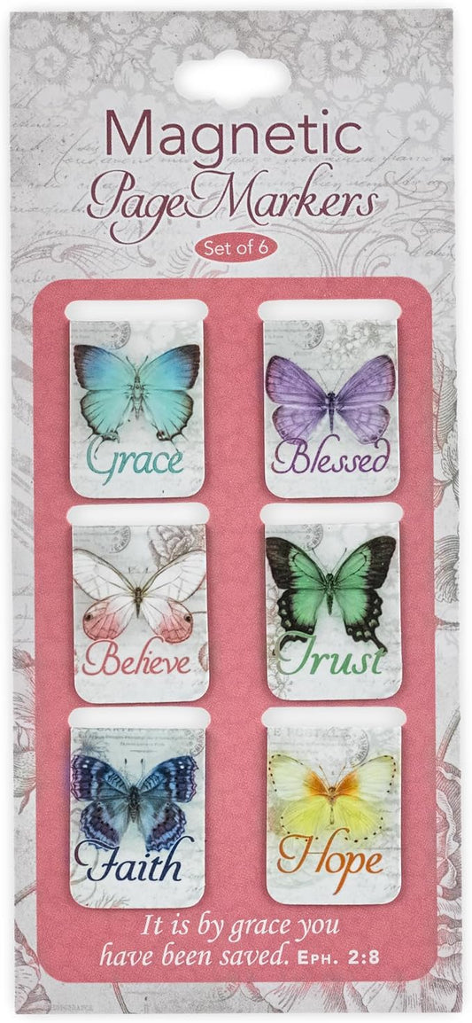Christian Art Gifts Magnetic Scripture Bookmark Set for Women: Blessings - Inspirational Botanic Butterfly-Themed Mini Magnetic Bible Verse Pagemarker Set of 6 for Bibles and Books, Size 1" x 0.8"