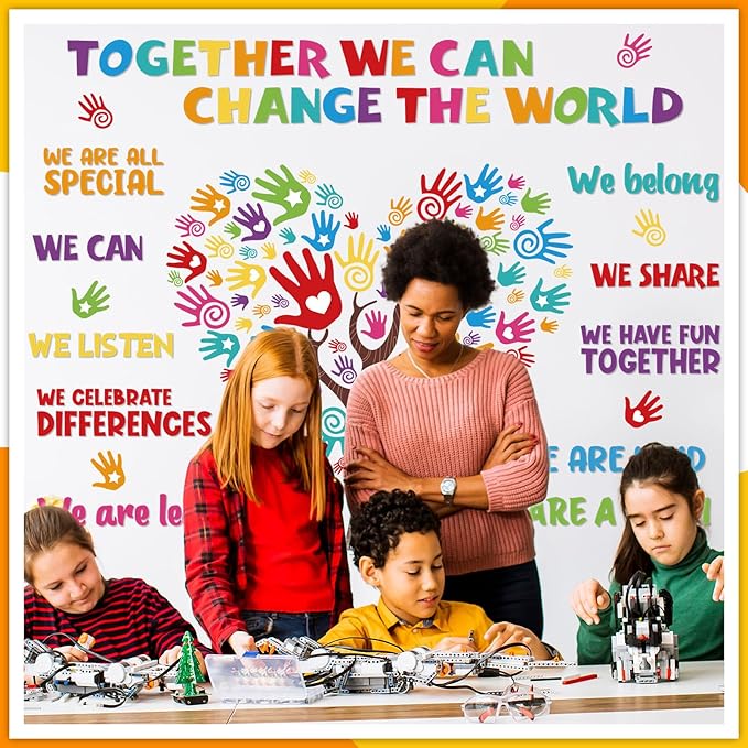Dispowreath 131 Pcs Colorful Diversity Bulletin Board Set Diverse Handprint with Tree Cutouts Inspirational Diversity Classroom Decorations for Welcome Back to School Classroom Door Bulletin Board