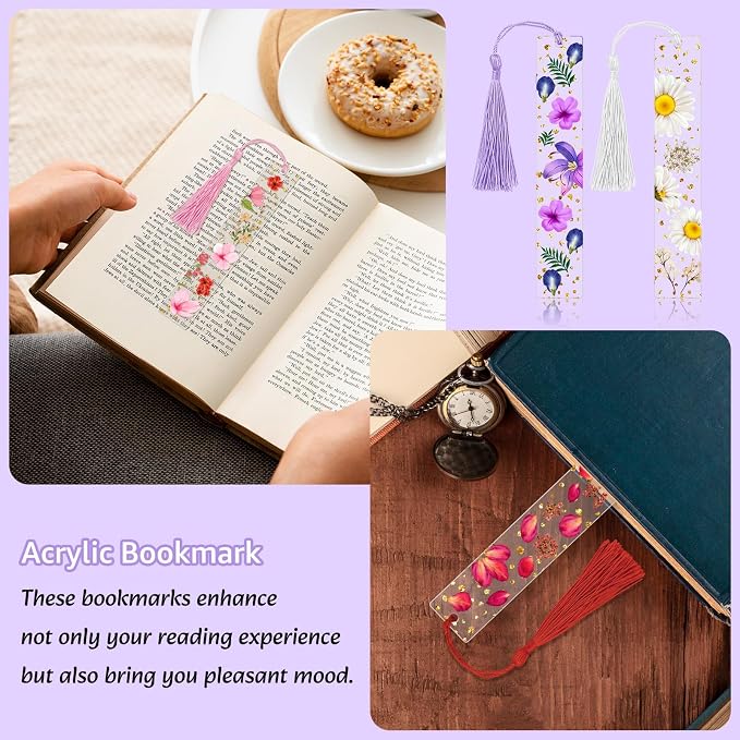 4 Pieces Acrylic Dried Flower Bookmark, Transparent Pressed Flower Bookmarks Dried Floral Book Markers Handmade Floral Page Marker with Tassel Cute Bookmark for Reading Lover Students Teachers