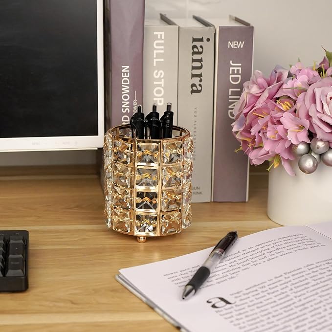 Crystal Pen Holder, Pencil Cups for Desk, Multi-Purpose Desktop Organizer, for Office Writing Desk (Gold)