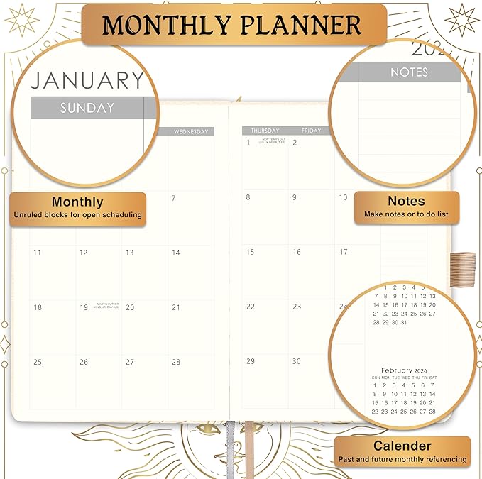 2026 Planner - Planner 2026, Jan. 2026 - Dec. 2027, 5.75" x 8.25", 2026 Weekly and Monthly Planner, Faux Leather planner 2026 with Back Pocket & 40 Notes Pages - Seashell Gold