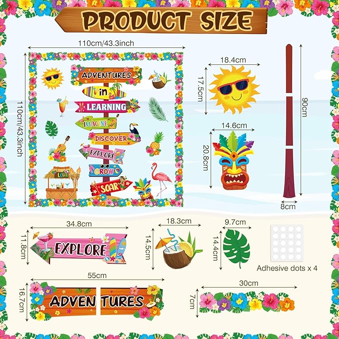 Epakh Summer Adventure in Learning Bulletin Board Sets Hawaiian Signpost Classroom Decorations Aloha Luau Tiki Paper Cutouts with Hawaii Flower Borders for Door Wall Back to School Office Supplies