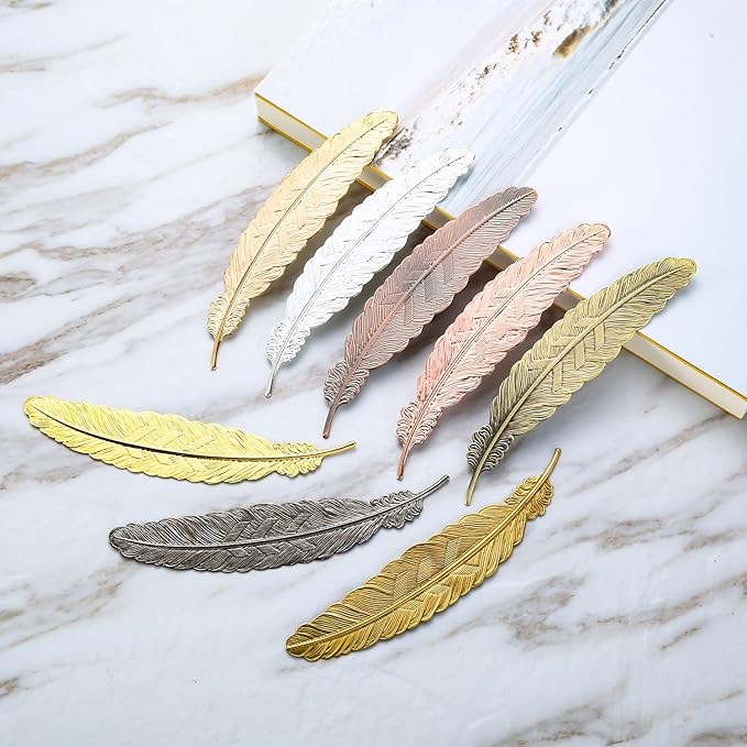 Gejoy 8 Pieces Valentine Metal Feather Bookmarks Vintage Metal Bookmark Feather Shape Book Marker Teacher Appreciation Gifts for Readers Book Lovers(Set 1)