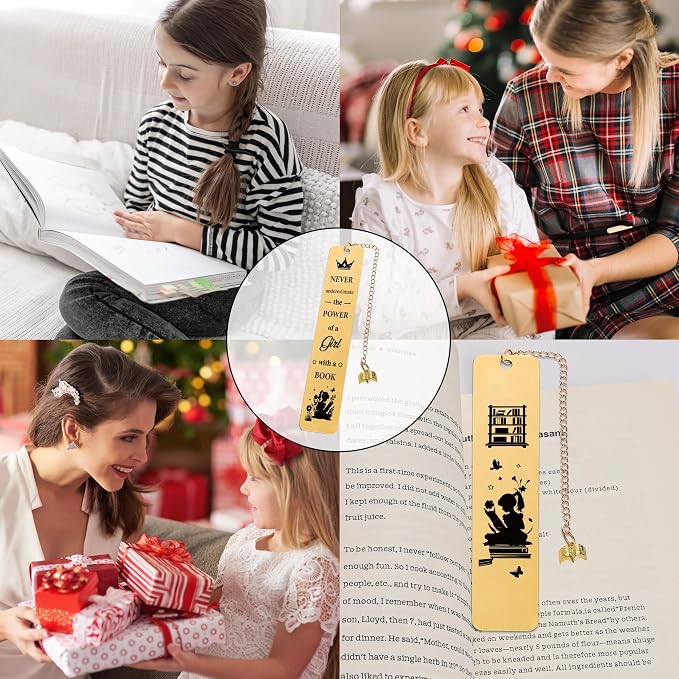 Inspirational Bookmark Gifts for Girls Women - Never Underestimate The Power of a Girl with a Book, Gift for Book Lovers Teachers Friends Readers Students Graduation Birthday Christmas (Gold)