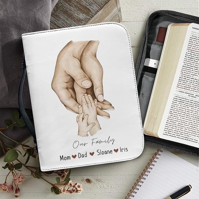 Personalized Bible Cover with Family Hands, Custom Bible Cover Case for Women Girls, Large Capacity Scripture Bag with Handle