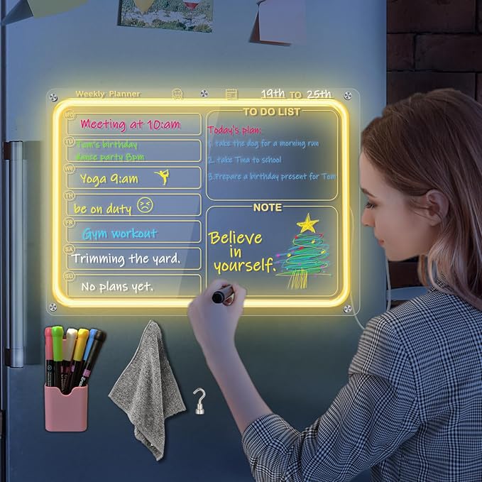 Acrylic Weekly Board for Fridge with Light,16"x12" Weekly Board Fridge Memo Dry Erase Board Set for Refrigerator,Glass,Wood Wall,Office with 6 Colors Markers