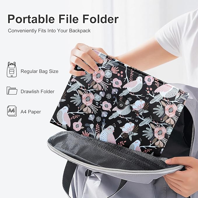 Uquelic 13-Pocket Expanding File Folder, Accordion File Holder with Elastic Buckles Closure – Holds Letter/A4 Size Documents, Floral Printed Accordion Folder, School Office Supplies(Bird Print)