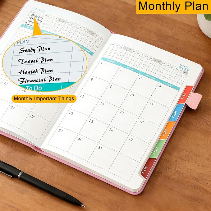 2026 Planner A5, Weekly and Monthly Calendar Planner, Jan 2026 - Dec 2026,Hardcover Pink, Lay Flat Academic Organizer for Office Teacher School,Notebook,5.7"x8.3"