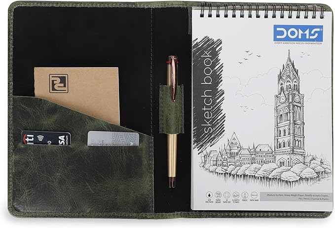 Leather Junior Padfolio for Men Women Business Portfolio Folder Compact 5 x 8 Legal Pad Organizer with Pen Loop Professional Resume Interview Document Holder Padfolio (Green)