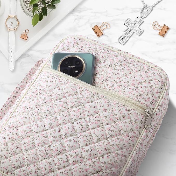 WOBAGMEN Bible Cover Case for Women,Large Bible Tote Bags Organizer Quilted Carrying Case for Girls,Bible Study Supplies Accessories Christian Gifts for Women (Pink Floral, M)