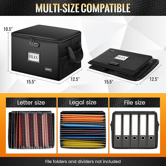 DEEGO Fireproof Document Box, Water-Resistant File Organizer Box with Lock for Document Safe, Collapsible File Organizer with Handle, Filing Cabinets for Home Office for Hanging Letter/Legal Folder