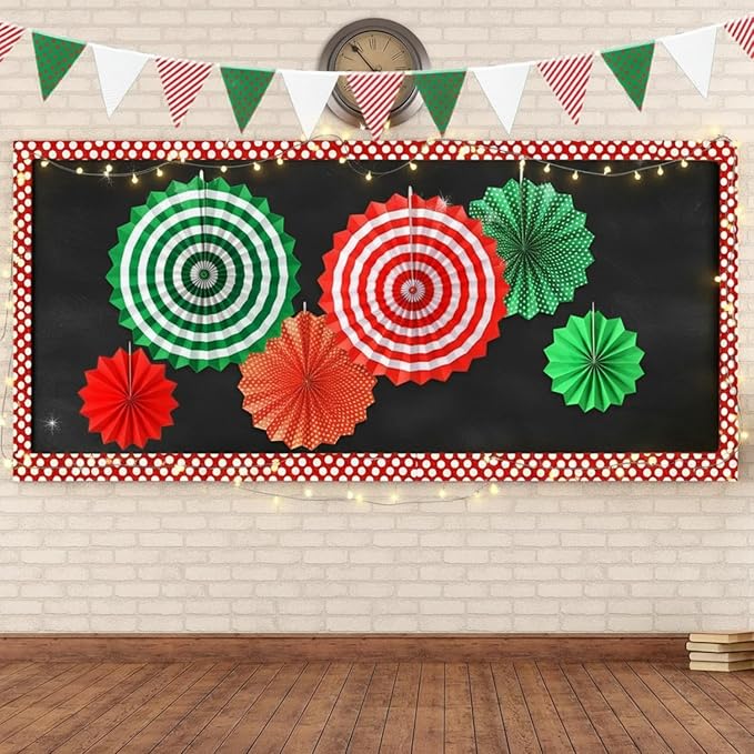 Tenare 8 Pcs Red and White Polka Dot Bulletin Board Border 10.9 Yard 6 Pcs Hanging Paper Fans 3.5 Yard Pennant Banner Flag for Classroom Home School Decor