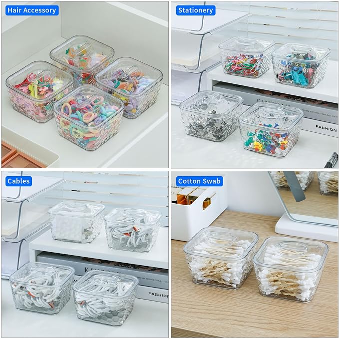 FABROK 4 Pack Hair Accessory Organizer, Clear Hair Tie Holder with Lids, Desk Organizer Case for Hair Tie, Cotton Swab, Cables, Stationery(Clear)
