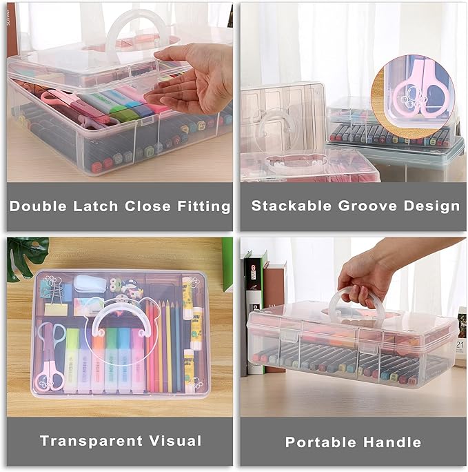 BTSKY 2-Tier Cute Bear Storage Box with Removable Divided Tray Portable Clear Plastic Art Craft Supply Organizer Stackable Home Office Supplies Storage Container for Pens Notes A4 papers etc (Pink)