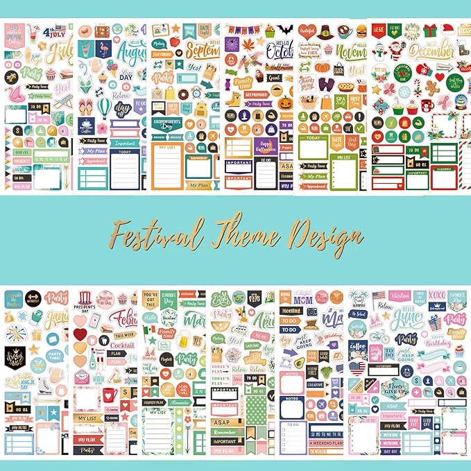 Planner Stickers - Monthly Planner Stickers and Accessories 25 Pages 1500 + Stunning Functional and Colorful Designs, Calendar Sticker Includes Festival Theme Journal Sticker