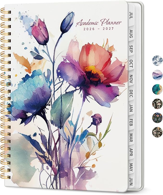 Planner 2026-2027, Academic Monthly and Weekly Calendar Planner for Women, July 2026 - June 2027, Hardcover Pretty Agenda Planner Book with Tabs, Spiral Daily Organizer for School Office Home Supplies, 6.3" x 8.5" - Painted Bloom