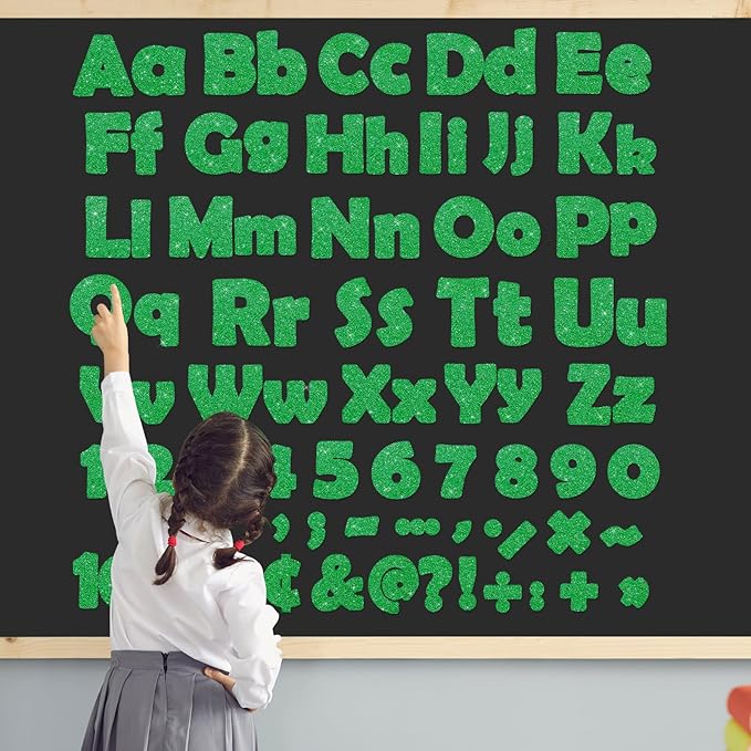 Qyeahkj 260Pcs Glitter Green Spring Bulletin Board Letters for Classroom 4” St. Patrick's Day Letter Combo Pack Set Numbers Alphabet Board Punctuation Symbol Cutout for School Classroom Wall Decor