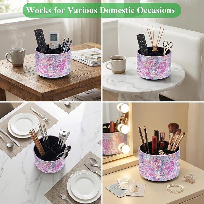 Round Leather Art Supply Organizer,Remote Control Holder,360-degree Rotating Pen Organizer with 4 Compartments(1-Painting Pink)