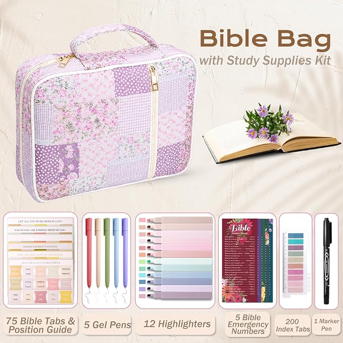 XKDOUS Bible Cover for Women Church Book Holder Quilted Carrying Case with Handle, Tabs, Study Supplies Portable Bible Bag Journaling Kit Christian Gifts for Mom Lady