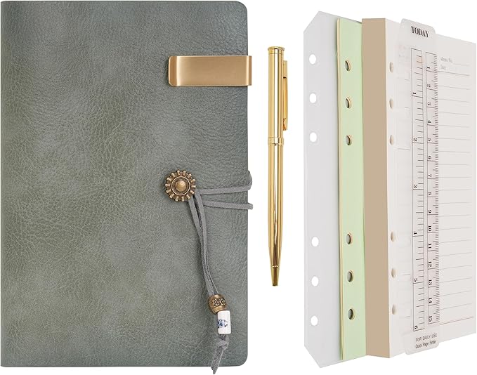 WONDERPOOL Leather Journal Lined Paper Notebook & Pen - Refillable 6 Ring Binder Writing Spiral Diary with Ruled Notepads Vintage Cover for Office Travel Work and Plan Agenda (a-Green, A6)