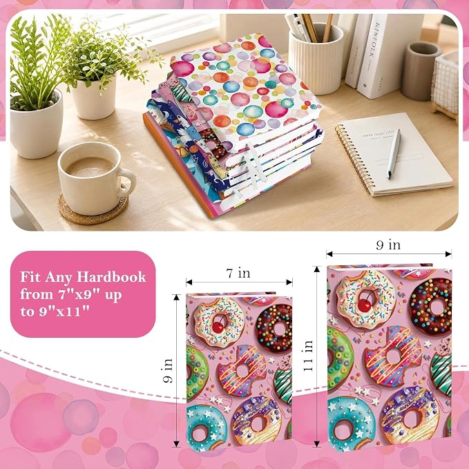 6 Pack Stretchable Book Covers, Jumbo Book Covers for Paperbacks Hardcover Books up to 9 x 11 Inches, Reusable Washable Protective Fabric Books Sleeves, Donuts