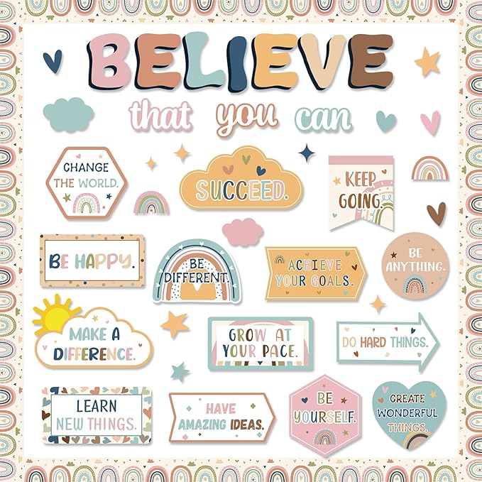 Boho Affirmation Station Bulletin Board Classroom Decorations Set Motivational Rainbow Believe That You Can Paper Cutouts for Welcome Back to School Positive Inspirational Wall Door Chalkboard Decor