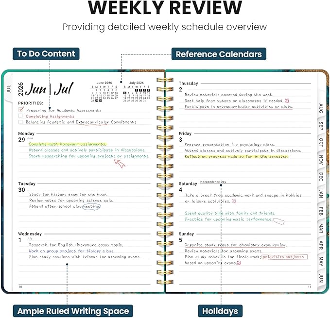 Planner 2026-2027, Monthly and Weekly Academic Planner July 2026 - June 2027, Hardcover Student Teacher Planning Agenda Calendar Book with Tabs, Perfect for Office School Supplies, A5 (6.3" x 8.5") - Emerald Shores
