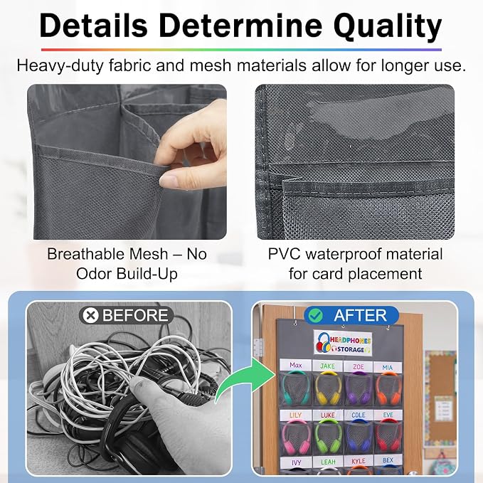 AmazingSpark 16 Pockets Classroom Headphone Storage Thickened Non-woven Fabric Mesh Pocket Chart Over The Door Hanging Cell Phone Organizer with Signed Card for Back to School Classroom Library, Gray