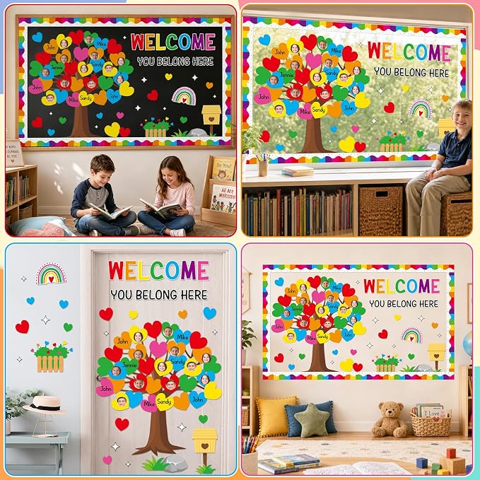 85pcs Rainbow Classroom Tree Bulletin Board Heart DIY Photo Name Tags Crafts Cutouts Back to School Rainbow Accents You Belong Here Welcome Classroom Decor for Nursery Elementary Chalkboard Wall Decor